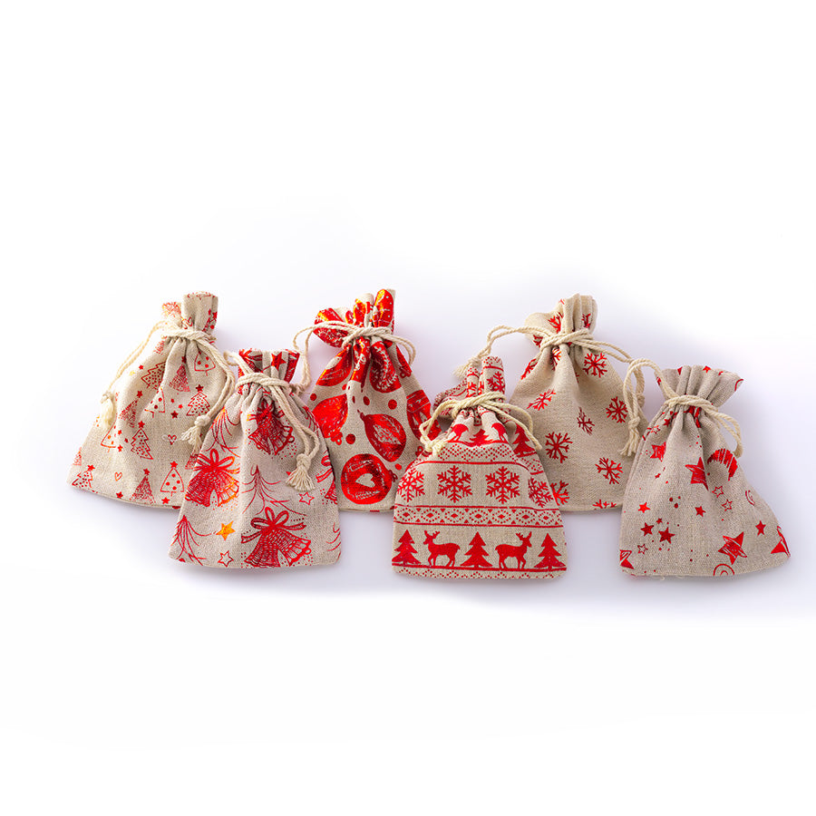 Holiday Burlap Screen Printed Gift Bags - Set of 6 bags - Goody Beads