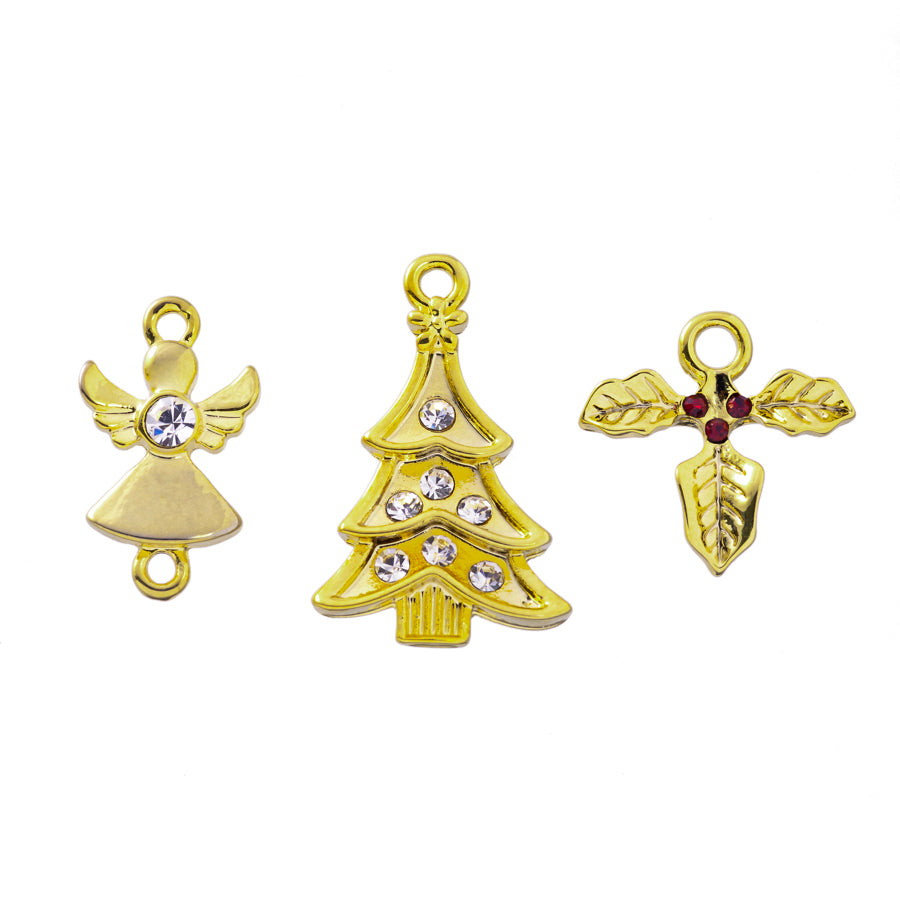 Traditional Holiday Cheer Charm 3 Piece Set in Gold Plating - Goody Beads