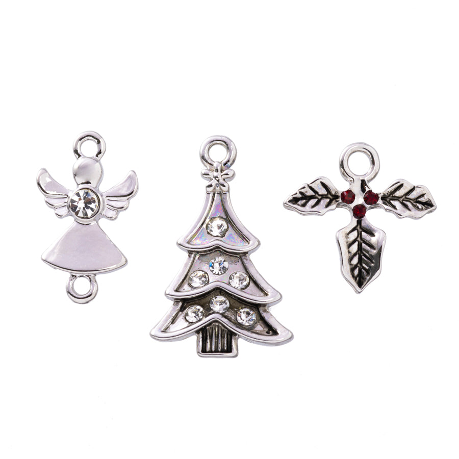 Traditional Holiday Cheer Charm 3 Piece Set in Rhodium Plating - Goody Beads