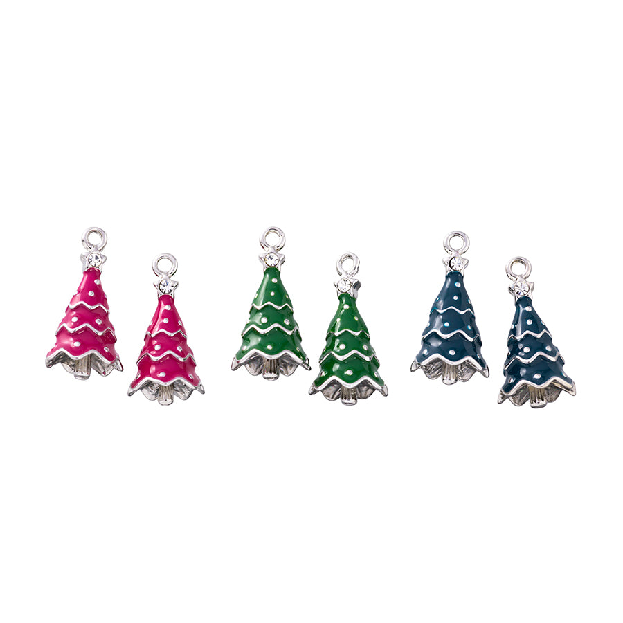 Enamel Holiday Tree Charm 6 Piece Set in Rhodium Plating - Goody Beads