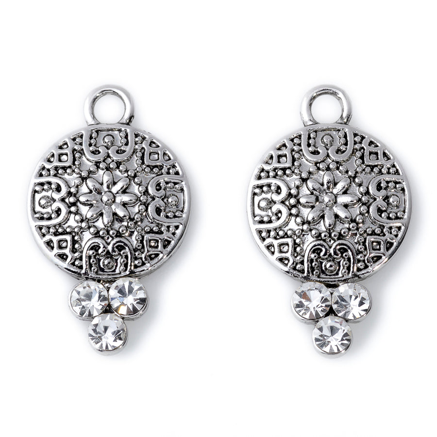 25x15mm Crystal Embellished Ornate Drop Charm/Pendant in Rhodium Plating from the Glam Collection (2 Pieces)