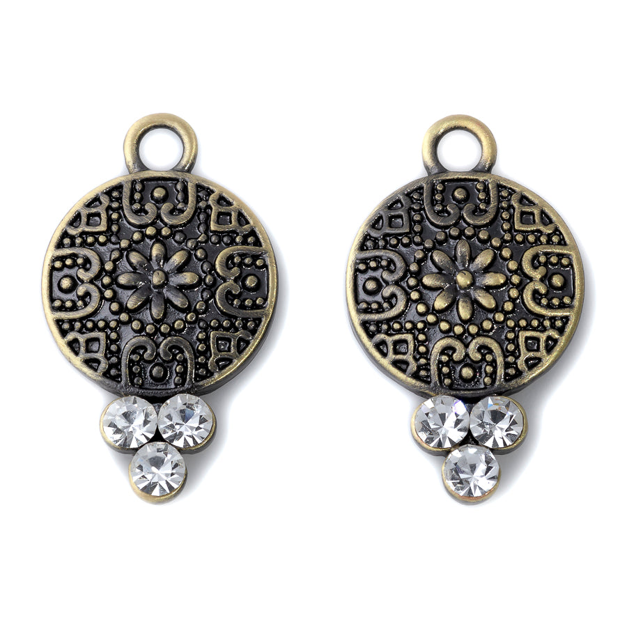 25x15mm Crystal Embellished Ornate Drop Charm/Pendant in Antique Brass Plating from the Glam Collection (1 Pair)