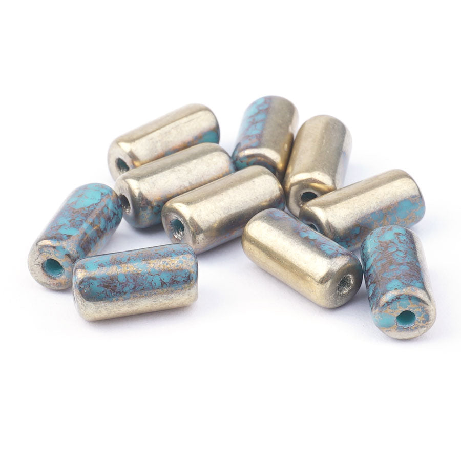 14x7mm Teal Green with Gold Bronze Finish Czech Glass Large Hole Tube Beads - Goody Beads