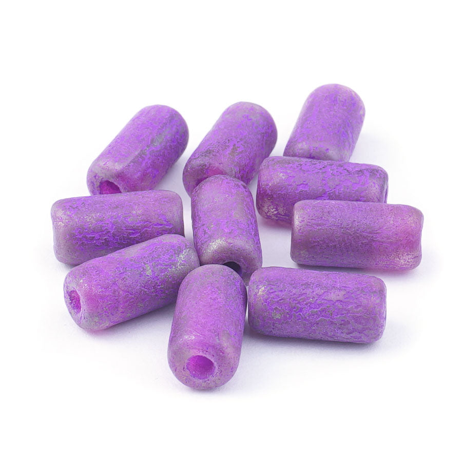 14x7mm Purple Pansy with Etched Finish Czech Glass Large Hole Tube Beads - Goody Beads