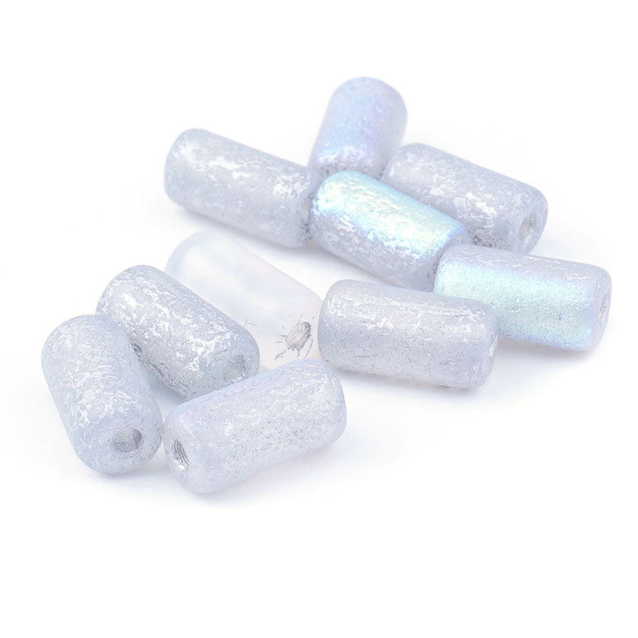 14x7mm Etched Transparent with Silver AB Finish Czech Glass Large Hole Tube Beads - Goody Beads