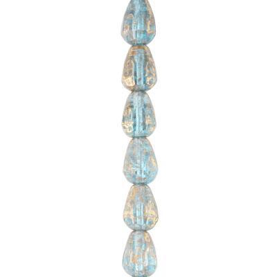 8mm Aqua Blue Transparent with Antique Gold Finish Pear Shaped Czech Glass Beads from Raven's Journey - Goody Beads