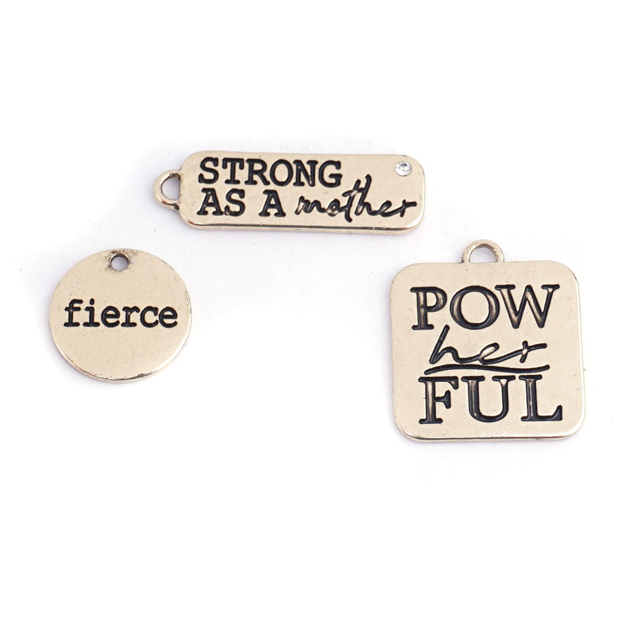 PowHERful 3 Piece Charm Set in Gold - "Strong As A Mother" "PowHERful" "Fierce" - GB Exclusive - Goody Beads