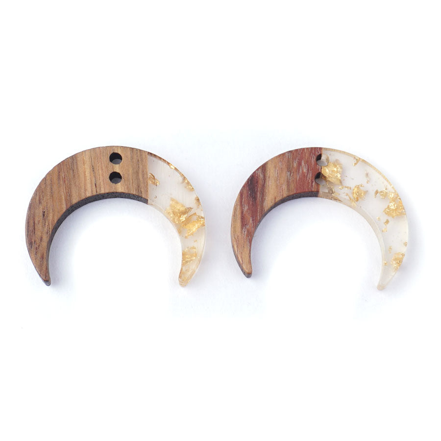 22x28mm Wood & Clear with Gold Foil Resin Crescent Charm Connector - 2 Pack - Goody Beads