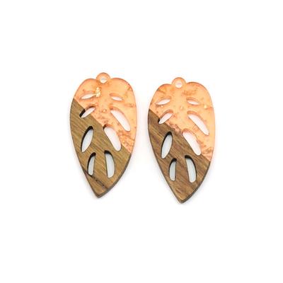 20x38mm Wood & Peach Resin with Gold Foil Elliptical Leaf Focal Piece Pendant - 2 Pack - Goody Beads