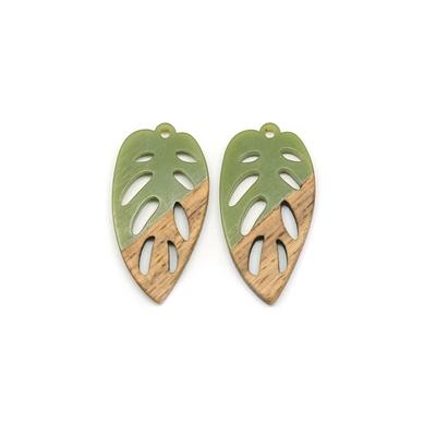 20x38mm Wood & Olive Resin Elliptical Leaf Focal Piece Pendant - 2 Pack - Goody Beads