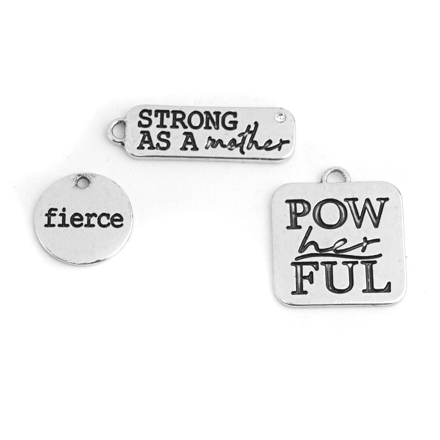 PowHERful 3 Piece Charm Set in Silver - "Strong As A Mother" "PowHERful" "Fierce" - GB Exclusive - Goody Beads