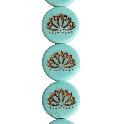 18mm Turquoise Opaque with Dark Bronze Wash Lotus Coin Czech Glass Beads from Raven's Journey