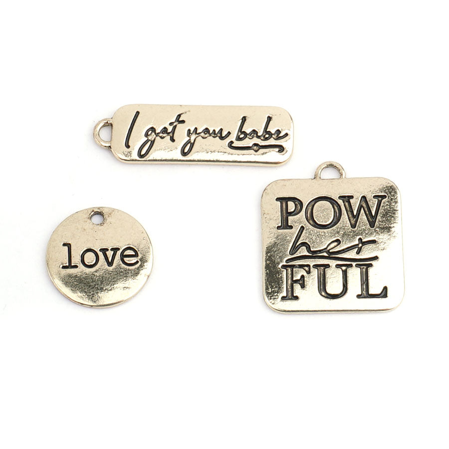 PowHERful 3 Piece Charm Set in Gold - "I Got You Babe" "PowHERful" "Love" - GB Exclusive - Goody Beads