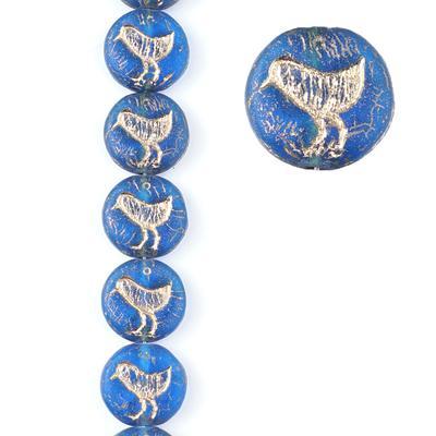 12mm Transparent Blue with Matte Gold Wash Bird Coin Czech Glass Beads from Raven's Journey - Goody Beads