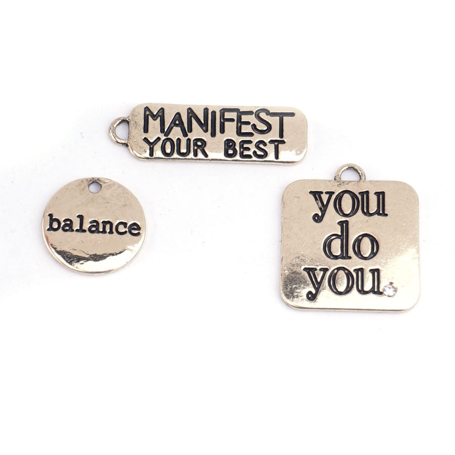 PowHERful 3 Piece Charm Set in Gold - "Manifest Your Best" "You Do You" "Balance" - GB Exclusive - Goody Beads