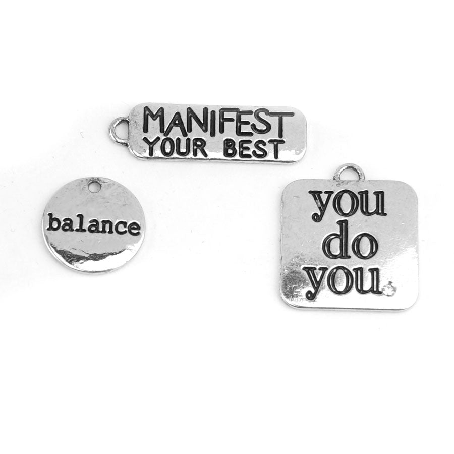 PowHERful 3 Piece Charm Set in Silver - "Manifest Your Best" "You Do You" "Balance" - GB Exclusive - Goody Beads