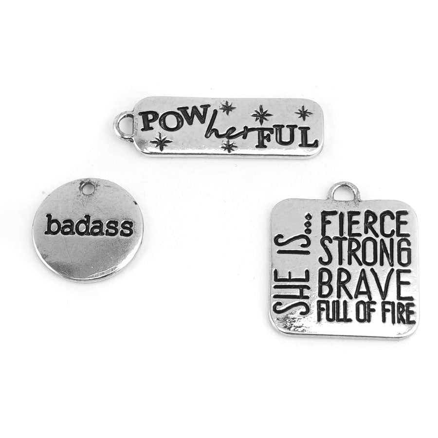 PowHERful 3 Piece Charm Set in Silver - "She is…..." "PowHERful" "Badass" - GB Exclusive - Goody Beads