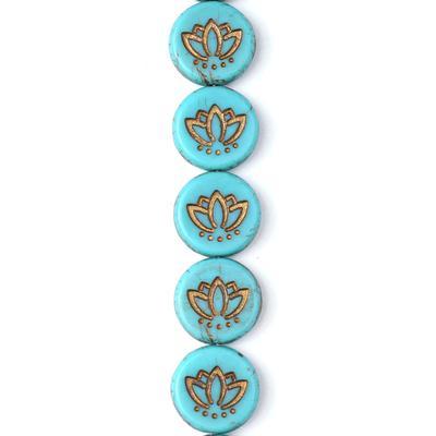 14mm Turquoise Opaque with Bronze Wash Lotus Coin Czech Glass Beads from Raven's Journey - Goody Beads