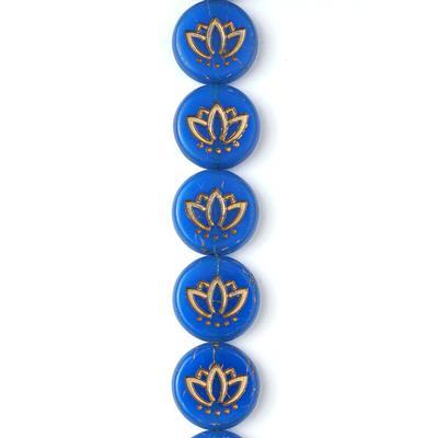 14mm Lapis Blue Opaque Matte with Gold Wash Lotus Coin Czech Glass Beads from Raven's Journey - Goody Beads