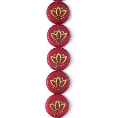 14mm Red Transparent and Opaque with Gold Wash Lotus Coin Czech Glass Beads from Raven's Journey - Goody Beads