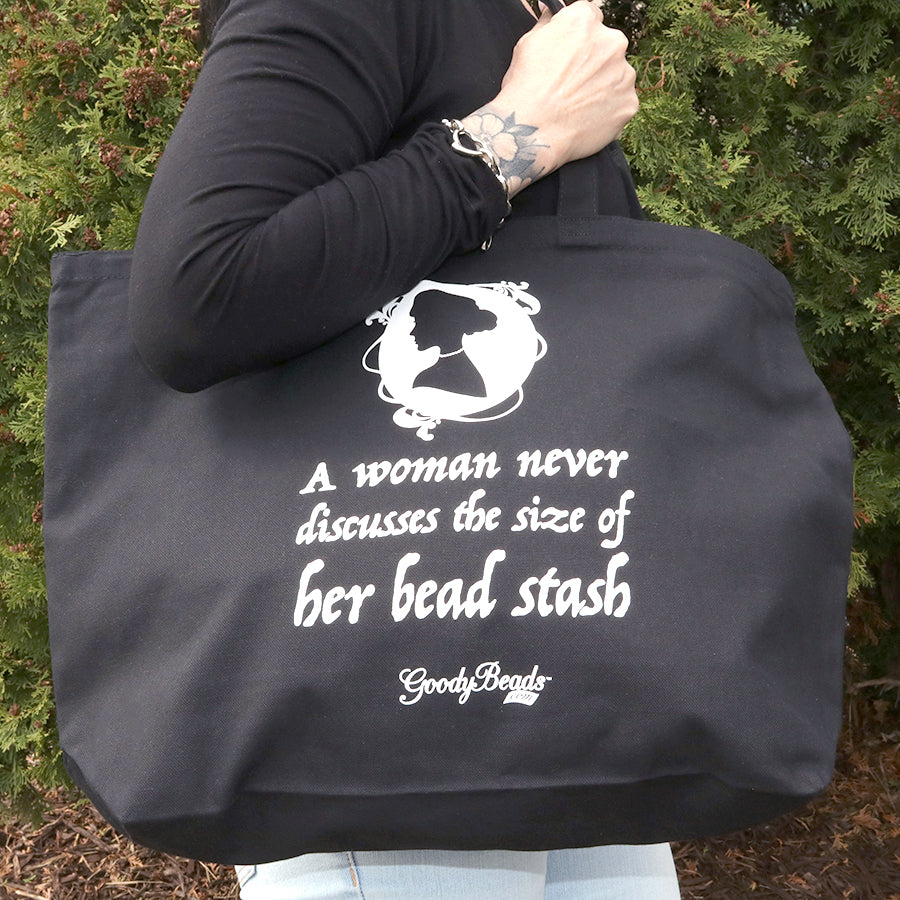Black Fabric Tote Bag "A Woman never discusses the size of her bead stash" GB Exclusive - Goody Beads