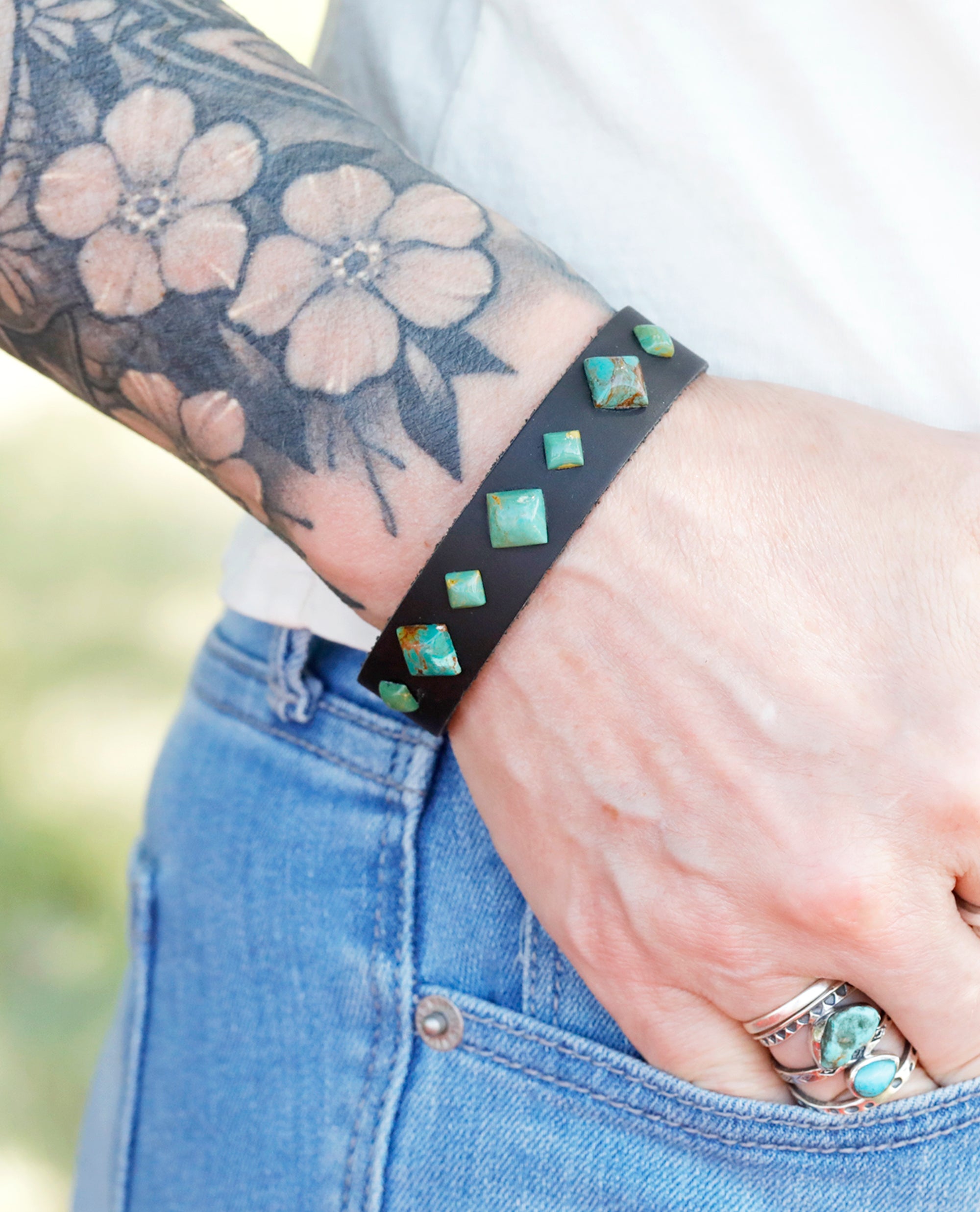 DIY Black Leather Cuff with Natural Chinese Turquoise Cabochons Bracelet - Goody Beads